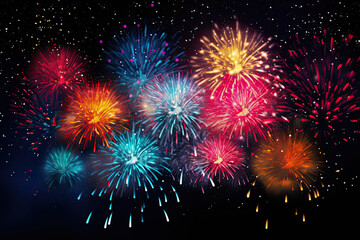 Colourful fireworks show in the night sky for wallpaper, presentation and gift card design