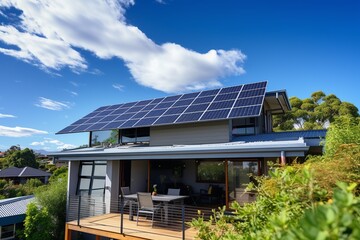 A contemporary house with rooftop solar panels, under a bright blue sky, set amidst lush greenery, offering a peaceful and refreshing landscape view.