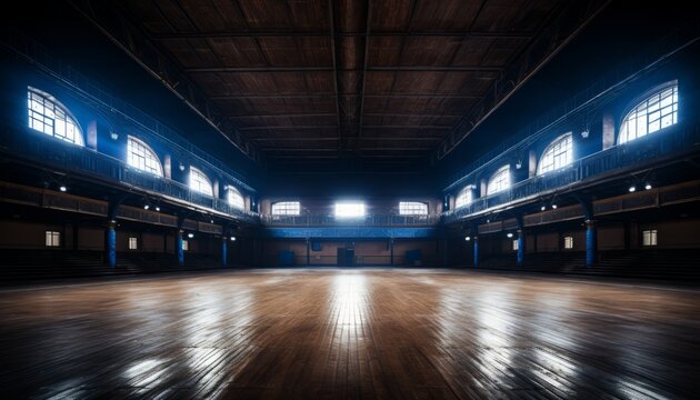 The serene solitude a majestic basketball court illuminated amidst the encompassing darkness