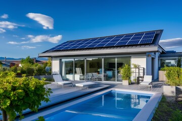 A sleek, modern house featuring solar panels, set against a backdrop of a clear, vivid blue sky, symbolizing sustainable living. - obrazy, fototapety, plakaty