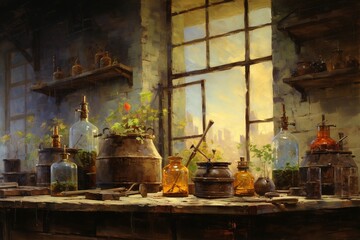 An oil painting depicting the discovery of penicillin in a vintage early 20th-century laboratory, with a mood of curiosity and breakthrough, featuring textured brushstrokes.