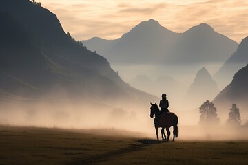 Fototapeta na wymiar Landscape photography capturing a peaceful scene of a rider and horse against a mountain backdrop, enveloped in early morning mist, evoking tranquility.