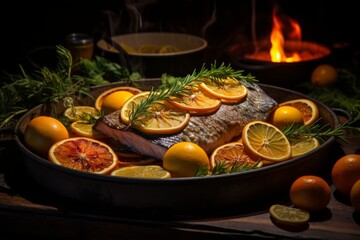 Scrumptiously golden brown roast fish expertly cooked in a sizzling pan with aromatic seasonings