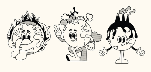 Set retro earth ecology. Cartoon sticker mascot character walking Earth planet, save planet, global warming hippy vintage comic vector set. Earth day, protection environment isolated on background