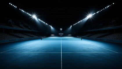 Deserted tennis court under the night sky with a glowing tennis net in an empty grand arena