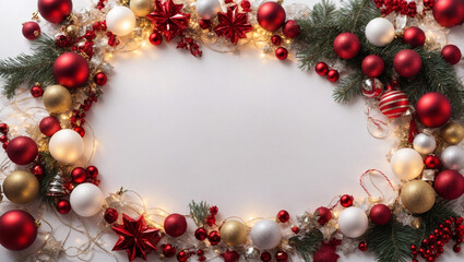 Merry Christmas background. New Year's decorations on white table - colorful balls around. Top view with copy space frame.