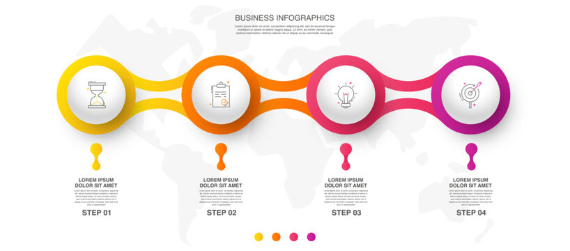 Vector infographic design template. Modern timeline concept with four steps, circles. Vector illustration used for diagram, workflow layout, banner, webdesign, presentations, flowchart