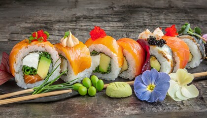 Delight in the vibrant hues of a Rainbow Sushi Roll, featuring salmon, eel, tuna, avocado, royal prawn, cream cheese (Philadelphia), caviar tobiko, and chuka. An exquisite addition to any sushi menu, 