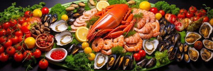 Oceanic delicacies on ice fresh fish, shellfish, crabs, octopuses, mussels, oysters, and shrimps