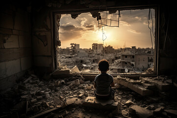 A little boy lost his home due to a catastrophic disaster or war