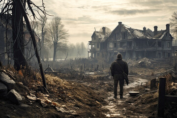 A man looking at his house destroyed and abandoned