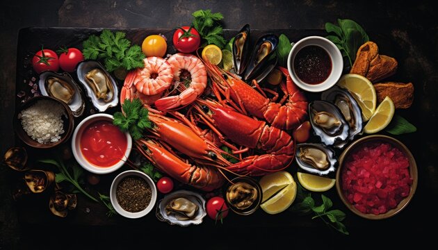 Captivating aerial view of a mesmerizing assortment of fresh oceanic delicacies on ice fragments
