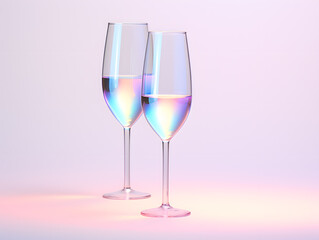 Christmas and new year Champagne wine glass on pink and blue gradient background. 3D Rendering