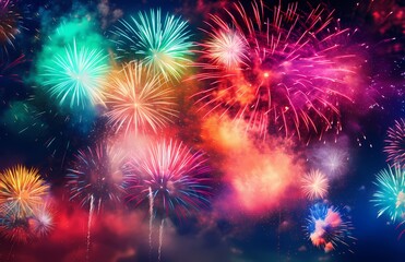 Colorful fireworks explode in the night sky with red, blue, green, and pink lights.