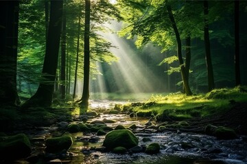 Fototapeta premium Beautiful rays of sunlight in a green forest