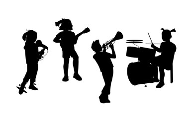 Black silhouettes of children play music on various instruments and sing, flat cartoon vector illustration isolated on white background. Kids play music education and creativity concept.
