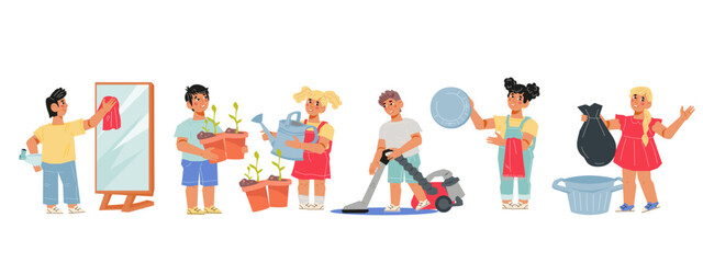 Children characters involved in household chores. Kids get skills for clean and organized home, flat vector illustration on white background. Teaching children about housework and cleanliness.