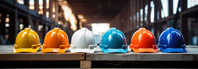 Safety banner. Building construction engineering concept background. Safety construction worker helmet