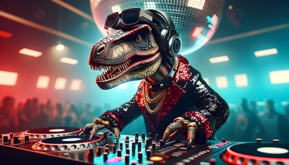 Anthropomorphic dinosaur as dj in the nightclub - obrazy, fototapety, plakaty