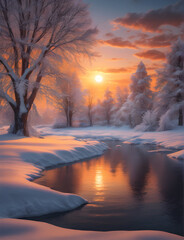 Winter Wonderland Sunset: Serene Snowscape in Warm Hues. generative AI