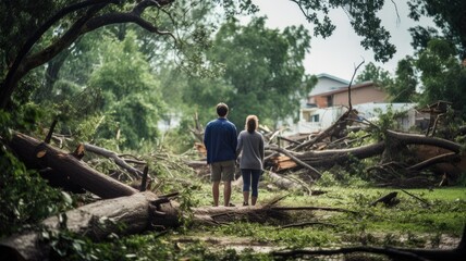 Two people amidst a devastated landscape with fallen trees after a storm
