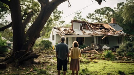 An elderly couple looking at their damaged home after a disaster - obrazy, fototapety, plakaty