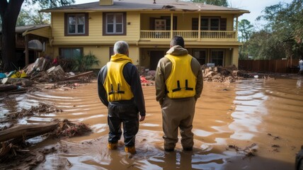 Two individuals in life vests observe a flooded house, standing in deep water - obrazy, fototapety, plakaty