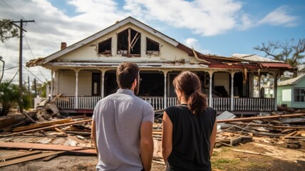 Two individuals look at a severely damaged house, contemplating the damage - obrazy, fototapety, plakaty