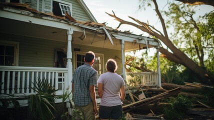 Couple stands by their damaged home with a fallen tree on the roof