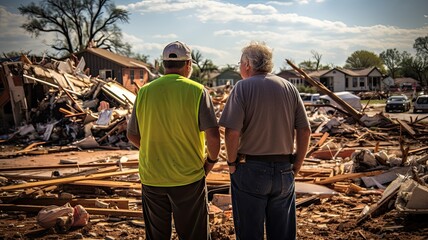 Two men stand before the rubble of a destroyed home, contemplating the devastation