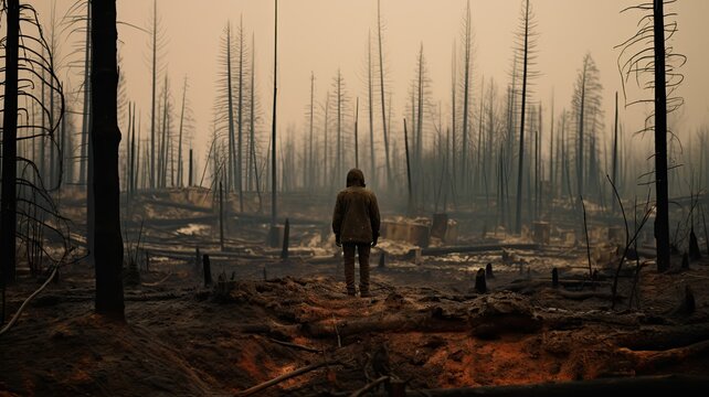 An individual stands amidst the charred remains of a forest, post-wildfire