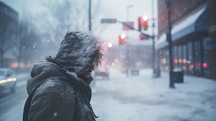 Person braving a blizzard in the city, with snow covering their hood and back - obrazy, fototapety, plakaty