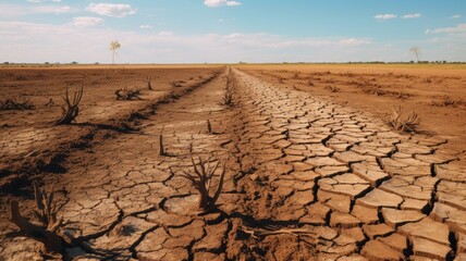 A parched earth with deep cracks and withered trees under a clear sky