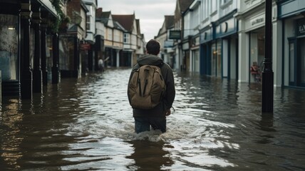 Individual wading through a flooded urban street with submerged shops - obrazy, fototapety, plakaty