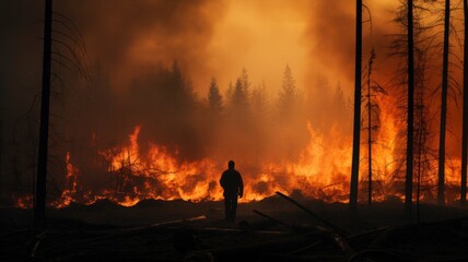 Silhouette of a person against a massive forest fire during daylight - Powered by Adobe