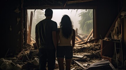 Two people stand in the dark, peering through a large broken window at a storm-ravaged landscape, embodying worry and hope