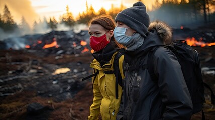 Two people wearing protective masks observing a forest fire