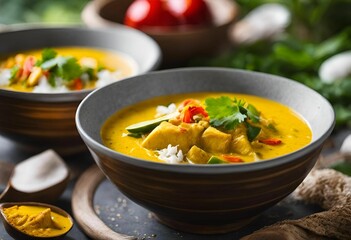 bowl of yellow curry on a black table with wooden spoons