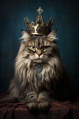 furry cat with a crown as a portrait