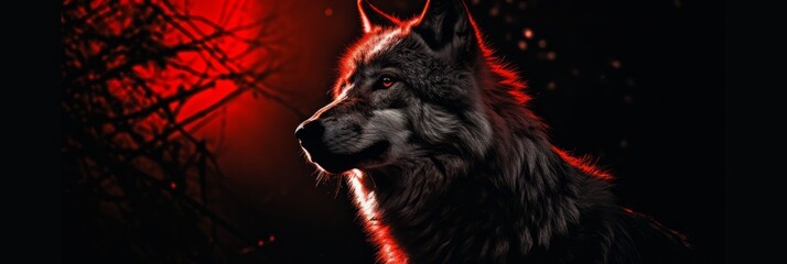 A wolf with red eyes during a full moon - obrazy, fototapety, plakaty