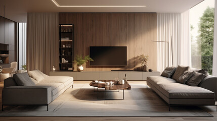 a spacious living room with a grey sofa and two armchairs and a large flat-screen television mounted on the wall
