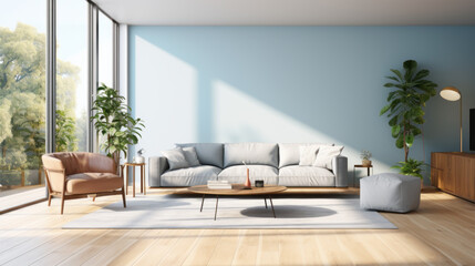 a spacious living room with light blue walls and hardwood floors A grey leather sofa sits in the center of the room with a glass and metal coffee table in front of it