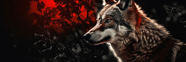 A wolf with red eyes during a full moon