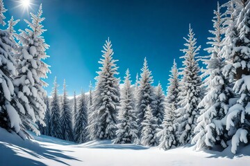 winter wonderland -Christmas background with snowy fir trees in the mountains