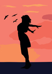 Black Silhouette of a Girl in a Dress on a Sunset