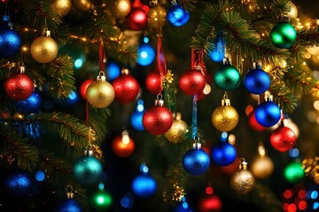 Fototapeta na wymiar Beautiful christmas tree close-up shine red blue yellow and green xmas ligts
