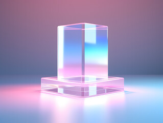 Empty glass showcase for product presentation. blue and pink glow, 3d render. Abstract background.