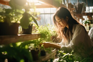 Young Caucasian woman takes care of plants in a greenhouse, sunny day, her hobby and business. - obrazy, fototapety, plakaty