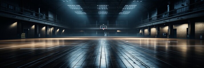 Title majestic basketball court shrouded in darkness, illuminated by striking white and blue lights