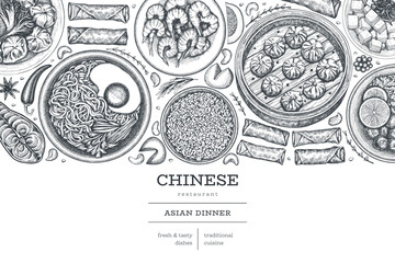 Chinese Cuisine Design Template. Vector Hand Drawn Asian Food Banner. Vintage Style Menu Illustration.